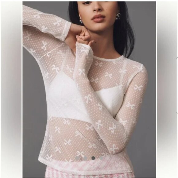Anthropologie Top Long Sleeve Ivory Lace Sheer Bows XL NWT - Picture 1 of 5
